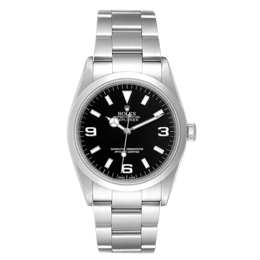 The Rolex Explorer 114270 Men's Stainless Steel Black Dial 114270 Men's Stainless Steel Black Dial watch is shown from the front, displaying the dial, case, bezel, and bracelet.
