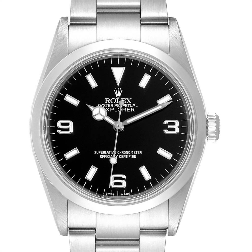 The image shows a front view of a Rolex Explorer 114270 Men's Stainless Steel Black Dial 114270 Men's Stainless Steel Black Dial watch, highlighting its black dial, silver hour markers, and stainless steel bracelet.