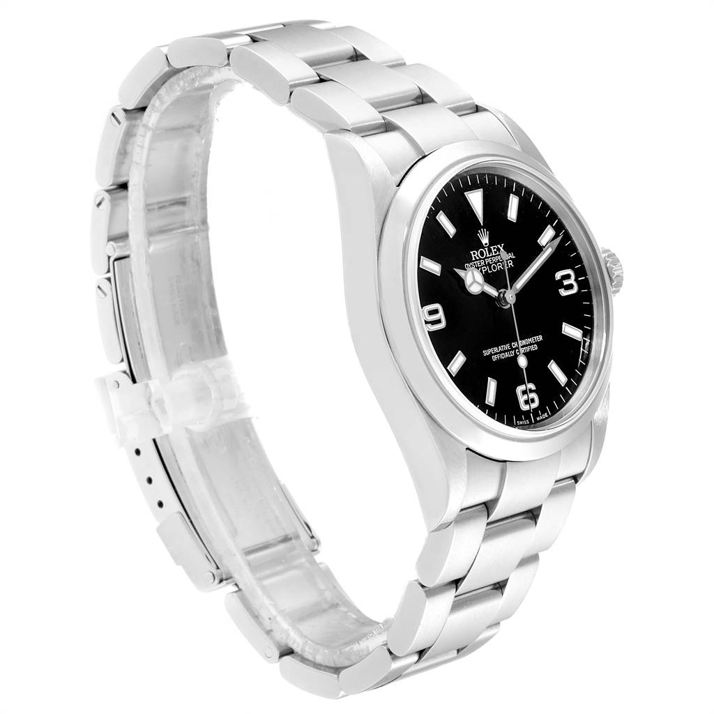 The image shows a Rolex Explorer 114270 Men's Stainless Steel Black Dial 114270 Men's Stainless Steel Black Dial watch angled to display the face, bezel, bracelet, and clasp.
