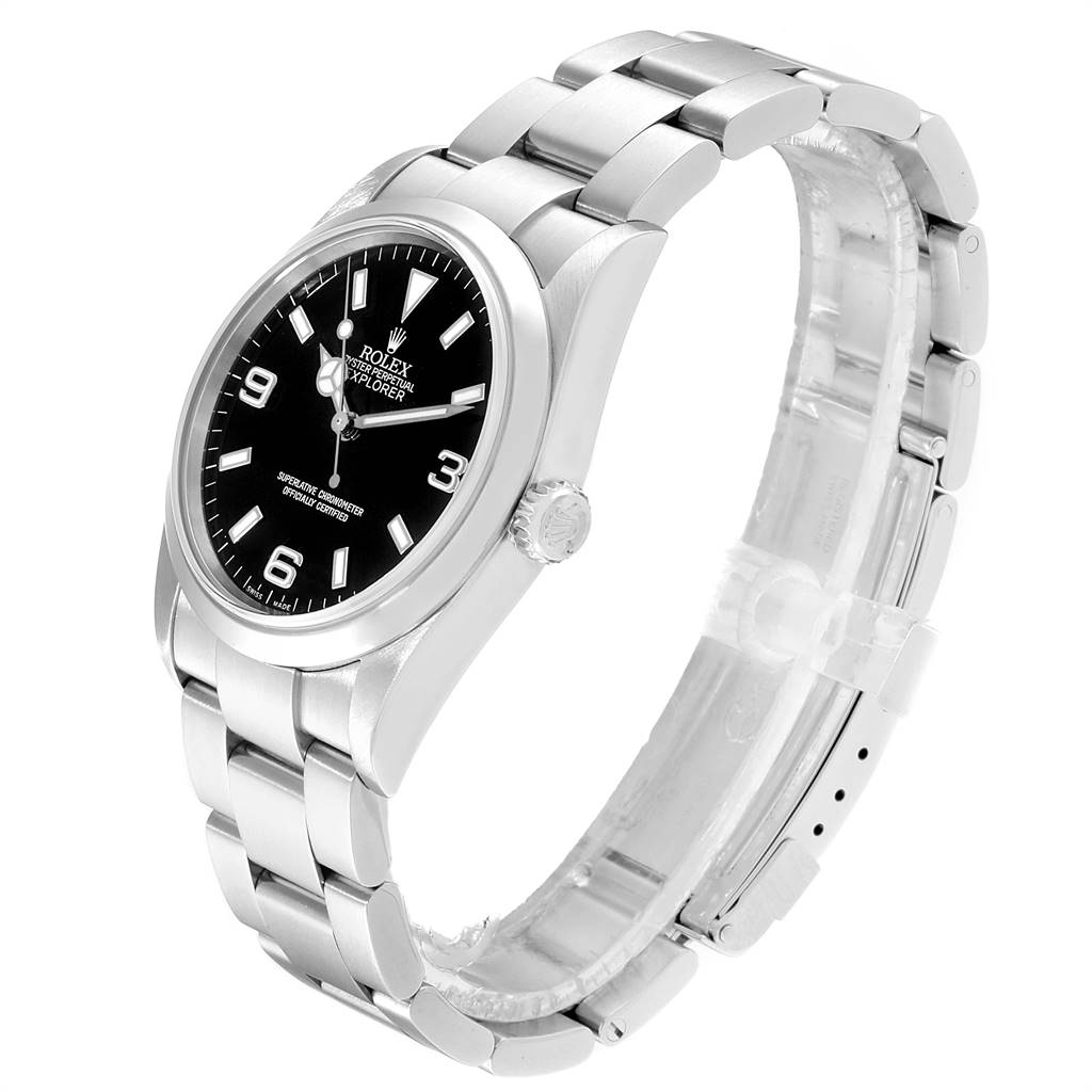 This image shows a side angle of the Rolex Explorer 114270 Men's Stainless Steel Black Dial 114270 Men's Stainless Steel Black Dial watch, highlighting its black dial and stainless steel bracelet.