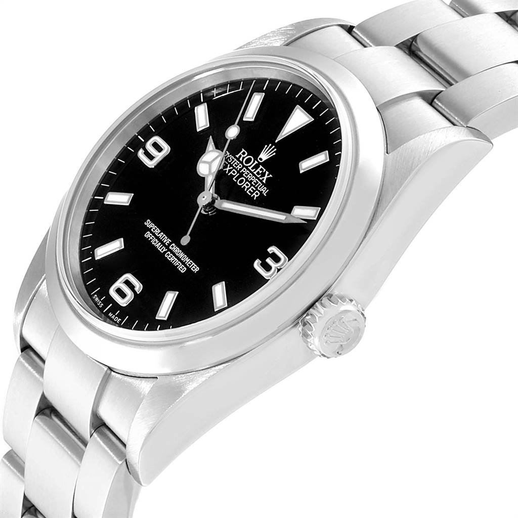 The image shows a side and partial front view of a Rolex Explorer 114270 Men's Stainless Steel Black Dial 114270 Men's Stainless Steel Black Dial watch, highlighting its black dial, stainless steel case, and crown.