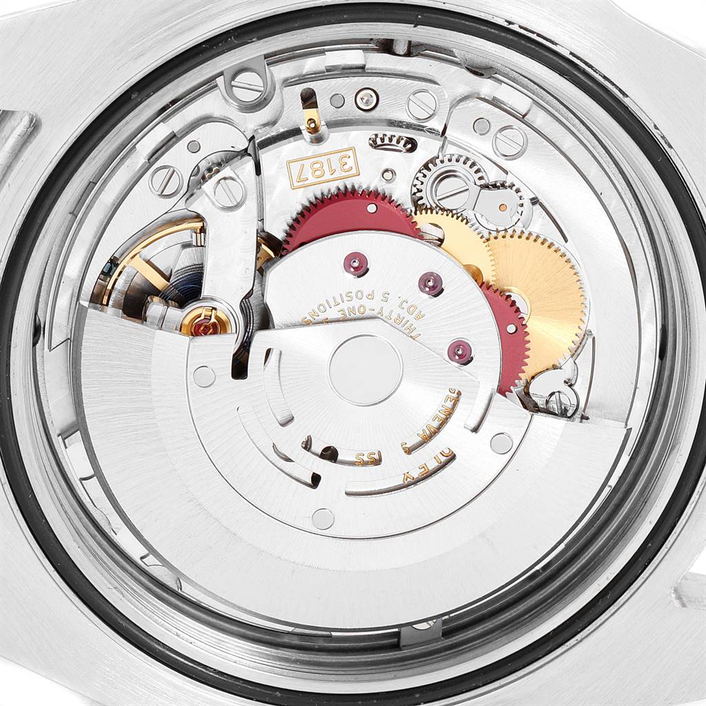 The image shows the internal mechanism of a Rolex Explorer 216570 Men's Stainless Steel Black Dial 216570 Men's Stainless Steel Black Dial watch from a close rear angle.