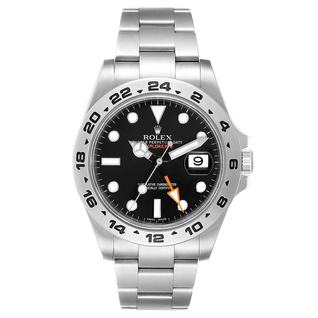 The Rolex Explorer 216570 Men's Stainless Steel Black Dial 216570 Men's Stainless Steel Black Dial watch is shown from the front, displaying the face, bezel, and stainless steel band.