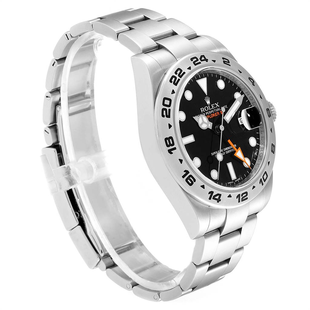 The image shows a side view of a Rolex Explorer 216570 Men's Stainless Steel Black Dial 216570 Men's Stainless Steel Black Dial watch featuring its bracelet, bezel, and face with orange accents.