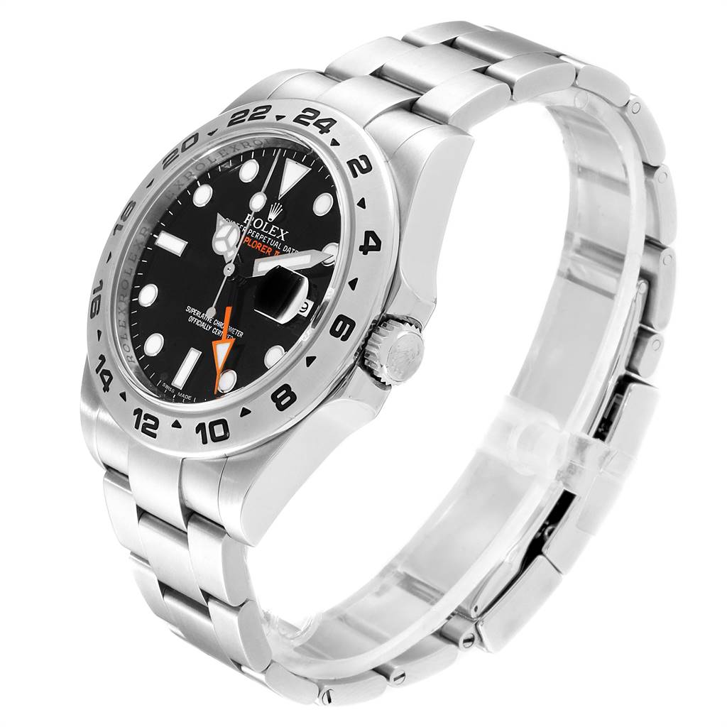 The image shows a side view of the Rolex Explorer 216570 Men's Stainless Steel Black Dial 216570 Men's Stainless Steel Black Dial watch, highlighting the dial, bezel, crown, and stainless steel bracelet.