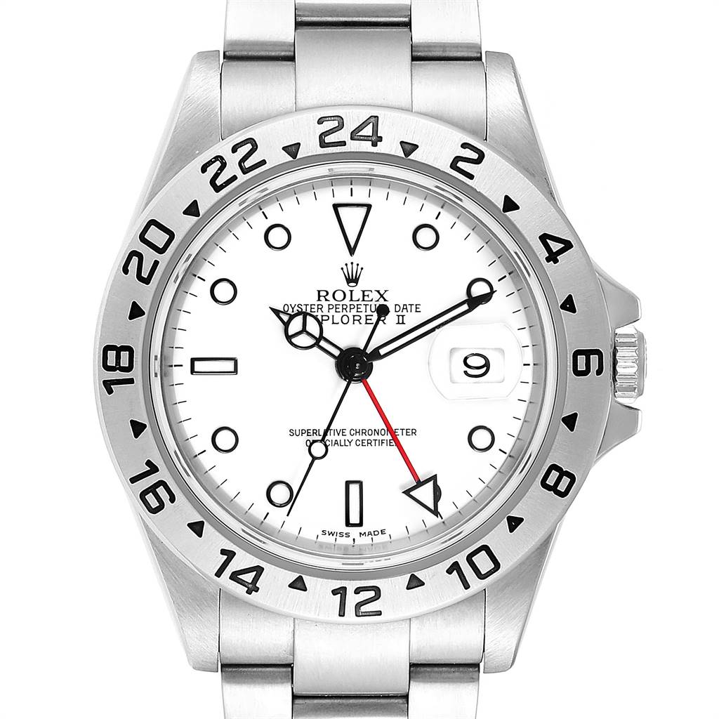 The Rolex Explorer 16570 Men's Stainless Steel White Dial 16570 Men's Stainless Steel White Dial watch is shown from a front view, displaying its dial, hands, date window, bezel, and bracelet.