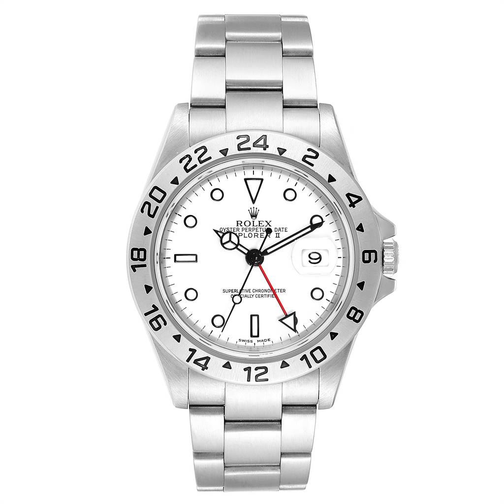 The Rolex Explorer 16570 Men's Stainless Steel White Dial 16570 Men's Stainless Steel White Dial watch is shown from a front angle, showcasing the face, bezel, and bracelet.
