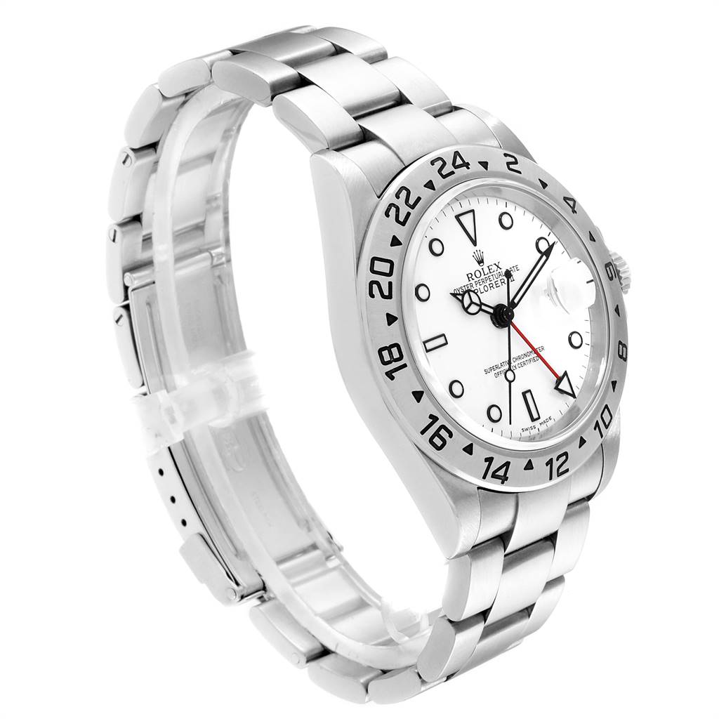 The image shows a Rolex Explorer 16570 Men's Stainless Steel White Dial 16570 Men's Stainless Steel White Dial model watch at a three-quarter angle, highlighting its face, bezel, and stainless steel bracelet.