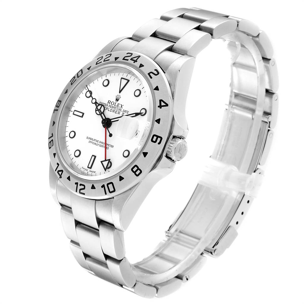 This image shows a side angle of a Rolex Explorer 16570 Men's Stainless Steel White Dial 16570 Men's Stainless Steel White Dial model watch, highlighting the bezel, dial, and bracelet.