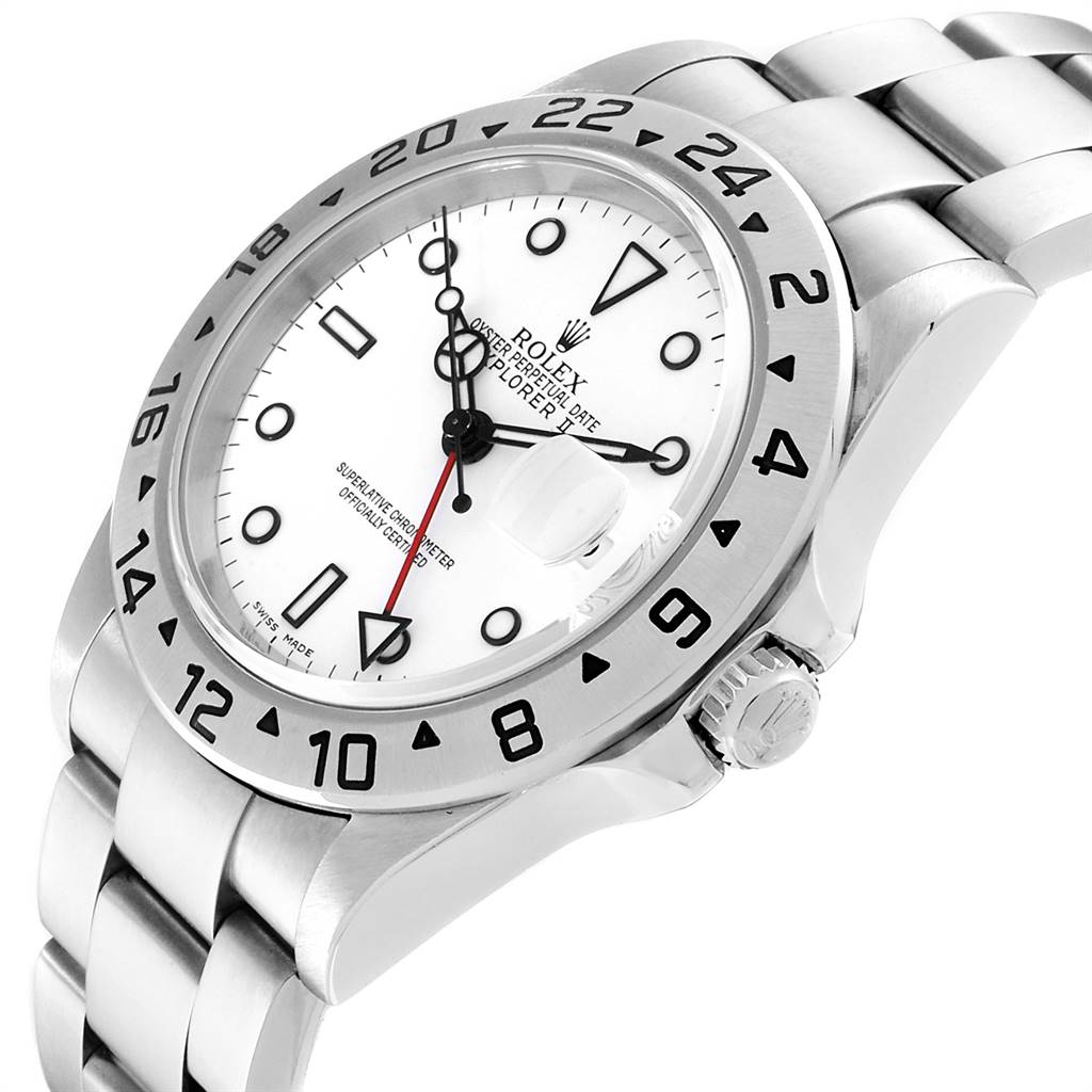 The image shows a Rolex Explorer 16570 Men's Stainless Steel White Dial 16570 Men's Stainless Steel White Dial watch at an oblique angle, highlighting the bezel, dial, crown, and part of the bracelet.