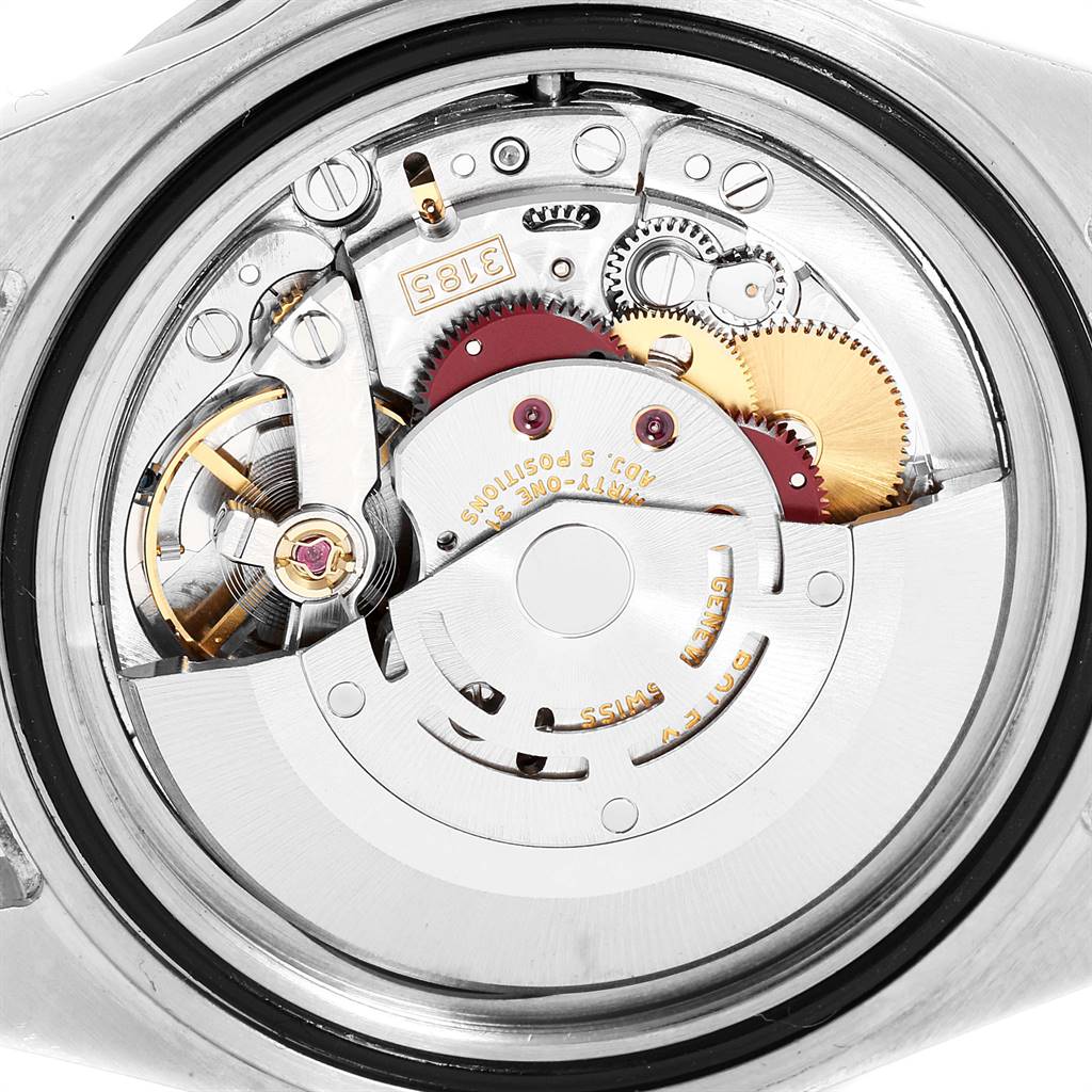 This image shows a close-up view of the movement parts inside the back cover of a Rolex Explorer 16570 Men's Stainless Steel White Dial 16570 Men's Stainless Steel White Dial watch.