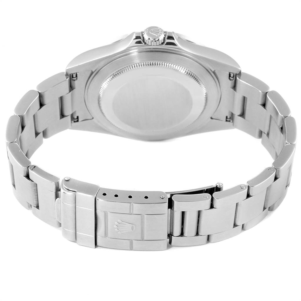 The image shows the back view of the Rolex Explorer 16570 Men's Stainless Steel White Dial 16570 Men's Stainless Steel White Dial watch, highlighting the caseback and bracelet.