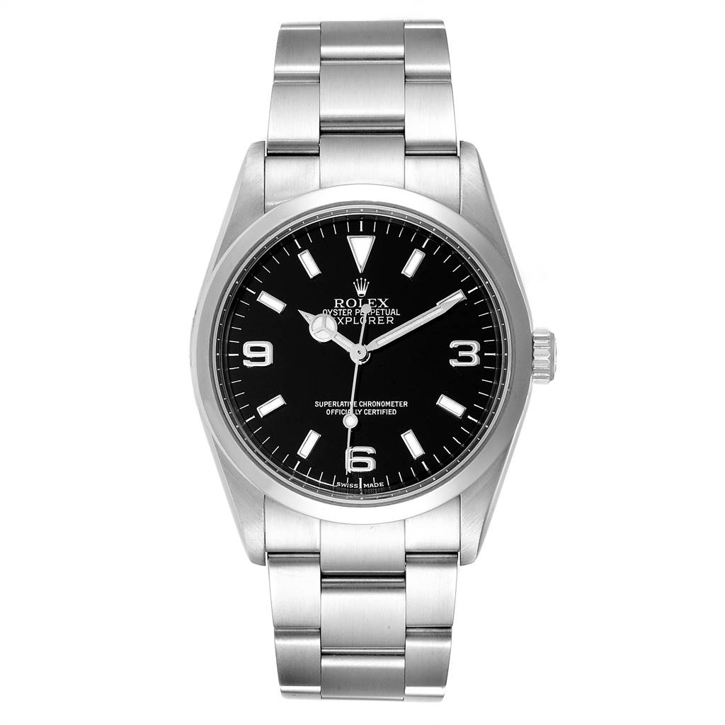 This image shows a front-facing angle of a Rolex Explorer 114270 Men's Stainless Steel Black Dial 114270 Men's Stainless Steel Black Dial watch displaying the dial, hour markers, hands, and bracelet.