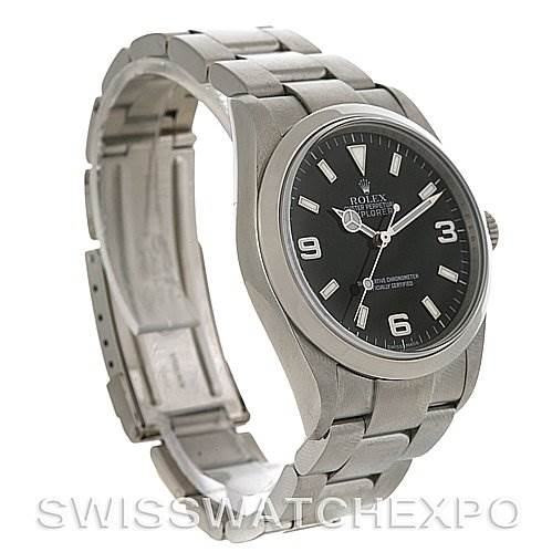 The image shows a Rolex Explorer 114270 Men's Stainless Steel Black Dial 114270 Men's Stainless Steel Black Dial watch angled to display the face, bezel, and a portion of the bracelet with the clasp partially open.