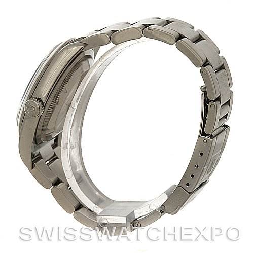 This image shows a side profile view of a Rolex Explorer 114270 Men's Stainless Steel Black Dial 114270 Men's Stainless Steel Black Dial watch, focusing on the bracelet, crown, and case without the watch face.