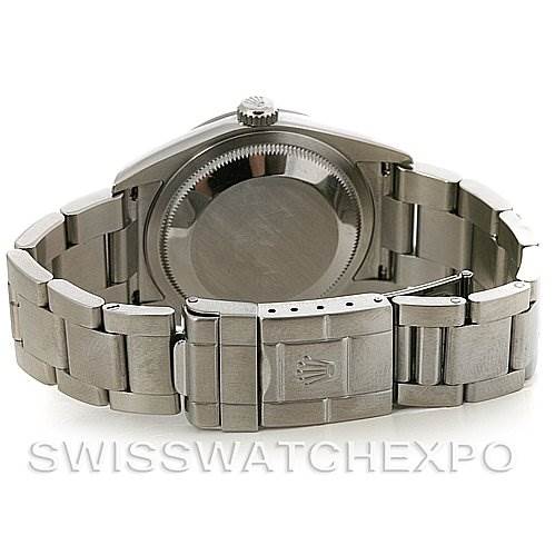 The image shows the back view of the Rolex Explorer 114270 Men's Stainless Steel Black Dial 114270 Men's Stainless Steel Black Dial watch, highlighting the clasp and bracelet.