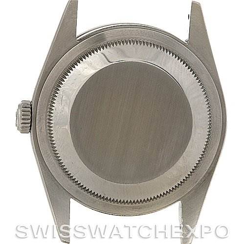 This image shows the back casing and crown of a Rolex Explorer 114270 Men's Stainless Steel Black Dial 114270 Men's Stainless Steel Black Dial watch.