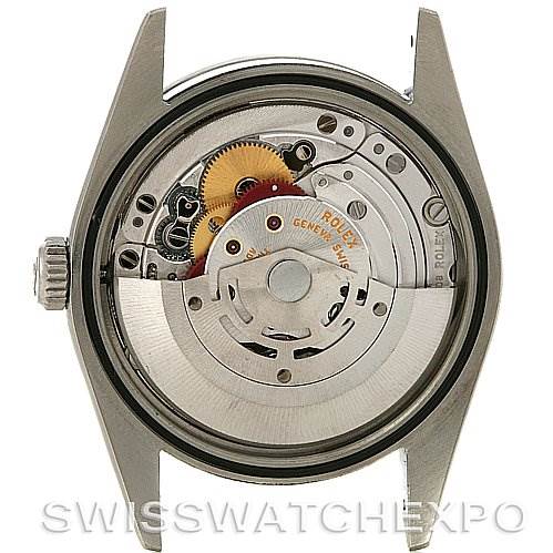 This image shows the inner mechanism of a Rolex Explorer 114270 Men's Stainless Steel Black Dial 114270 Men's Stainless Steel Black Dial watch from a back angle with the case removed.