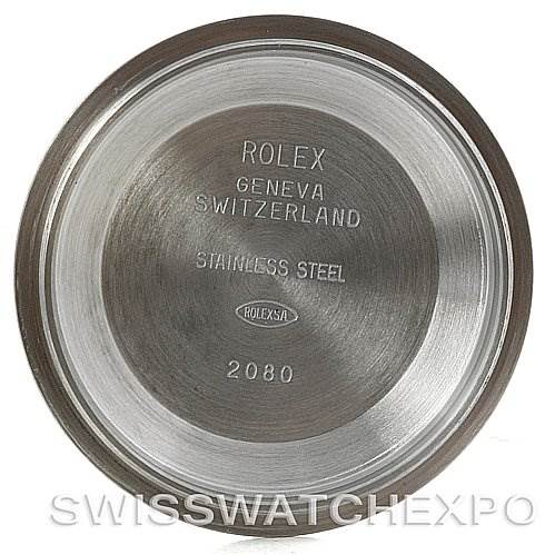 This image shows the inner case back of a Rolex Explorer 114270 Men's Stainless Steel Black Dial 114270 Men's Stainless Steel Black Dial watch, highlighting the brand, model, and material.