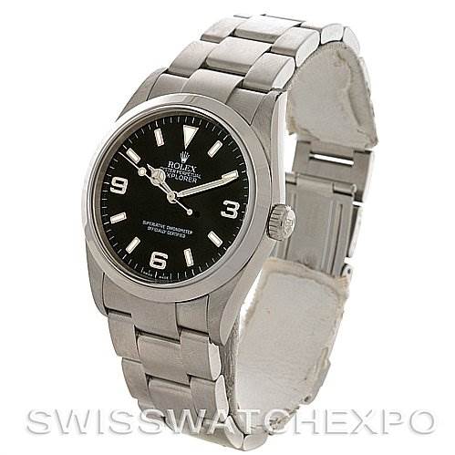 The image shows a Rolex Explorer 114270 Men's Stainless Steel Black Dial 114270 Men's Stainless Steel Black Dial watch at a 3/4 angle, displaying the face, bracelet, and clasp.
