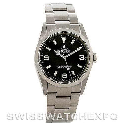 The image shows a front view of the Rolex Explorer 114270 Men's Stainless Steel Black Dial 114270 Men's Stainless Steel Black Dial watch, highlighting its black dial, stainless steel case, and bracelet.