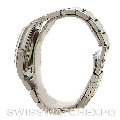 The image shows a side view of the Rolex Explorer 114270 Men's Stainless Steel Black Dial 114270 Men's Stainless Steel Black Dial watch, displaying the case and part of the metal bracelet.