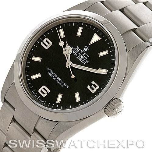 The image shows a top-side angle of a Rolex Explorer 114270 Men's Stainless Steel Black Dial 114270 Men's Stainless Steel Black Dial watch, highlighting the dial, bezel, and bracelet.