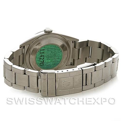 The image shows the back of a Rolex Explorer 114270 Men's Stainless Steel Black Dial 114270 Men's Stainless Steel Black Dial watch, focusing on the case back, bracelet, and clasp.