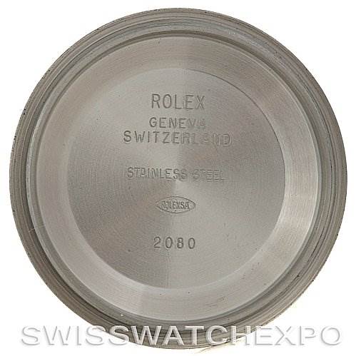 This image shows the inside case back of a Rolex Explorer 114270 Men's Stainless Steel Black Dial 114270 Men's Stainless Steel Black Dial watch, including engravings of the brand, model, and material.