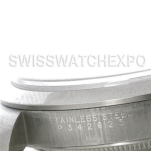 This close-up image shows the side profile of the stainless steel case back of a Rolex Explorer 14270 Men's Stainless Steel Black Dial 14270 Men's Stainless Steel Black Dial watch.