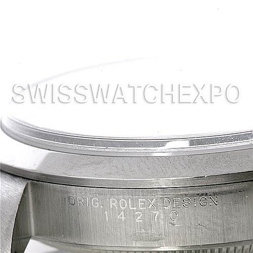 The image shows a close-up, side profile of the casing of a Rolex Explorer 14270 Men's Stainless Steel Black Dial 14270 Men's Stainless Steel Black Dial watch, highlighting "ORIG. ROLEX DESIGN" and the model number 14270.