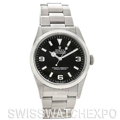 This image shows a front view of a Rolex Explorer 14270 Men's Stainless Steel Black Dial 14270 Men's Stainless Steel Black Dial watch, highlighting its dial, bezel, and bracelet.