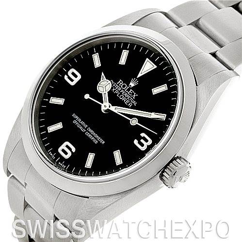This image displays a Rolex Explorer 14270 Men's Stainless Steel Black Dial 14270 Men's Stainless Steel Black Dial watch at a slight angle, showing the watch face, bezel, crown, and part of the bracelet.