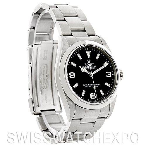 The Rolex Explorer 14270 Men's Stainless Steel Black Dial 14270 Men's Stainless Steel Black Dial watch is shown at a three-quarter angle, displaying the dial, case, bracelet, and partially opened clasp.