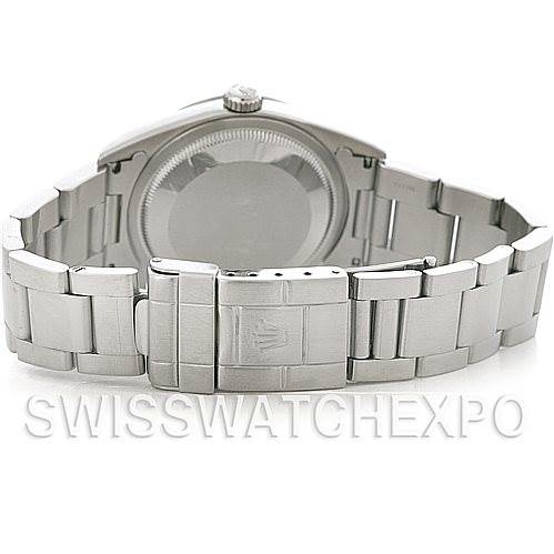 The image shows the backside and the bracelet of a Rolex Explorer 14270 Men's Stainless Steel Black Dial 14270 Men's Stainless Steel Black Dial watch, highlighting the clasp and case back.