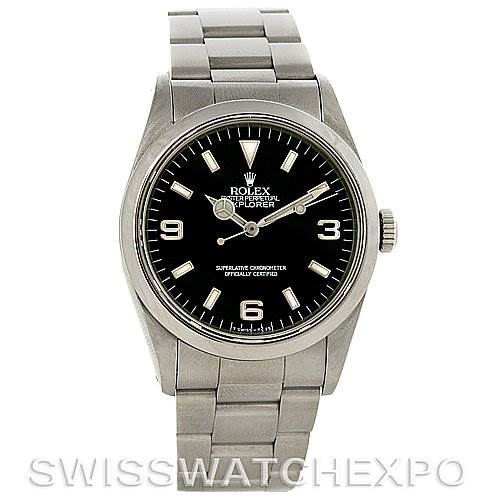 This image shows a front view of a Rolex Explorer 14270 Men's Stainless Steel Black Dial 14270 Men's Stainless Steel Black Dial watch, highlighting its dial, bezel, and stainless steel bracelet.