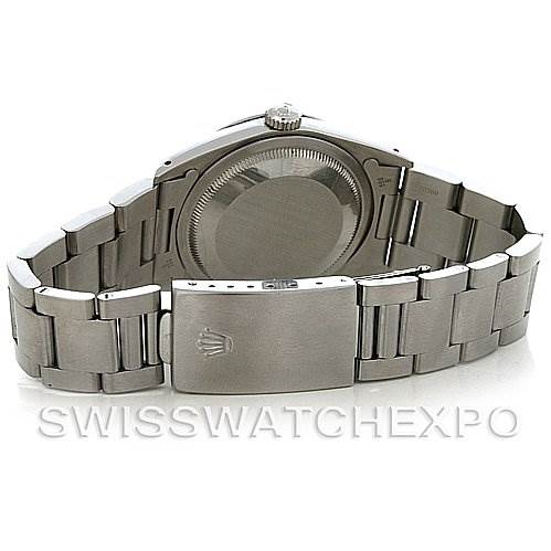 This image shows the back of the Rolex Explorer 14270 Men's Stainless Steel Black Dial 14270 Men's Stainless Steel Black Dial watch, featuring its case back and stainless steel bracelet.