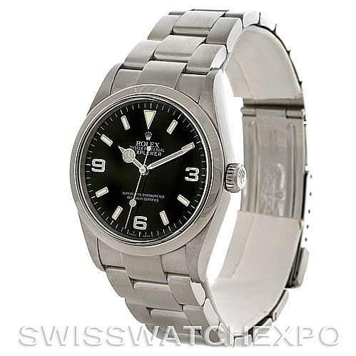 This image shows a Rolex Explorer 114270BKAO Men's Stainless Steel Black Dial 114270BKAO Men's Stainless Steel Black Dial watch at a 3/4 angle, highlighting the dial, case, bracelet, and clasp.