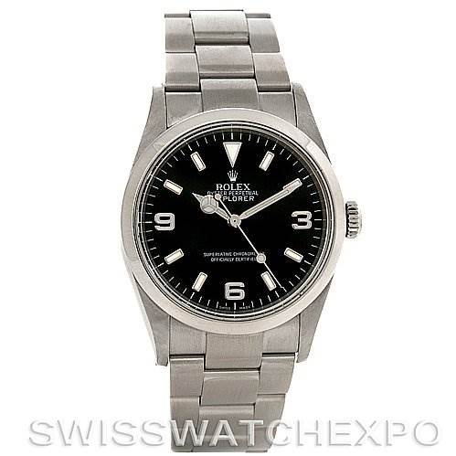 This image shows a front view of a Rolex Explorer 114270BKAO Men's Stainless Steel Black Dial 114270BKAO Men's Stainless Steel Black Dial watch, displaying the dial, case, bezel, and bracelet.