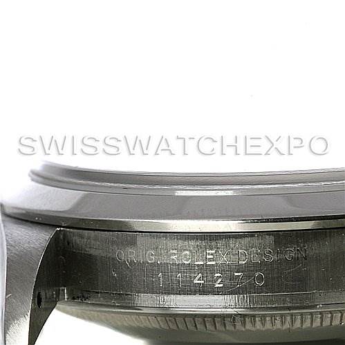 This image shows a side-angle view of the case side and case back of a Rolex Explorer 114270BKAO Men's Stainless Steel Black Dial 114270BKAO Men's Stainless Steel Black Dial, highlighting the model number engraving.