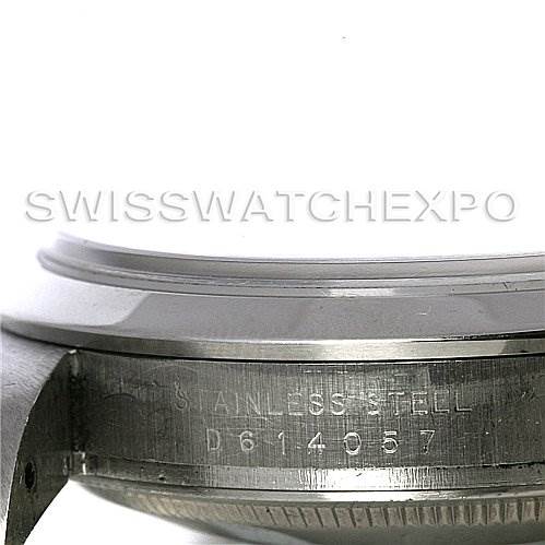 This image shows a detailed side view of the Rolex Explorer 114270BKAO Men's Stainless Steel Black Dial 114270BKAO Men's Stainless Steel Black Dial's stainless steel case with the serial number visible.