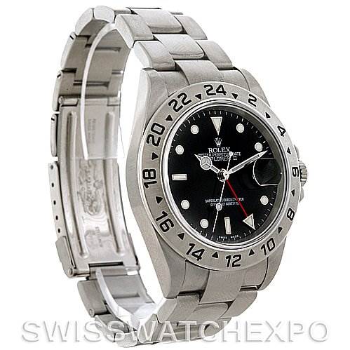 This image shows a side angle of a Rolex Explorer 16570 Men's Stainless Steel Black Dial 16570 Men's Stainless Steel Black Dial watch, highlighting its bracelet, clasp, bezel, and dial.
