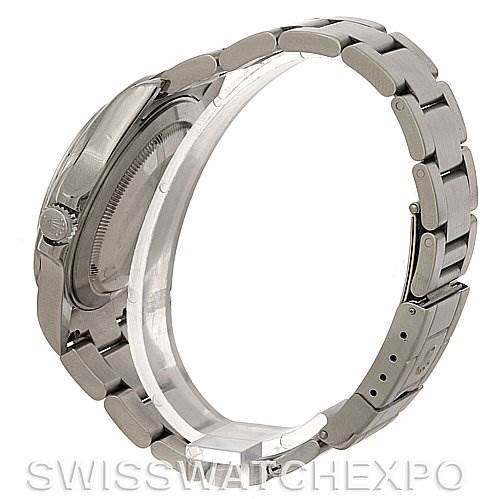 The image shows a side and rear view of a Rolex Explorer 16570 Men's Stainless Steel Black Dial 16570 Men's Stainless Steel Black Dial watch, focusing on the bracelet and caseback.