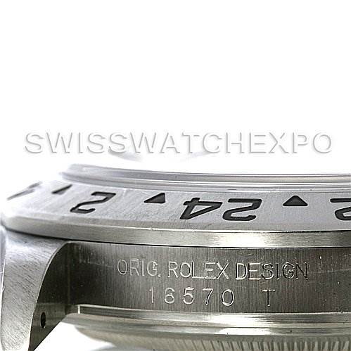 This image shows a close-up side view of the bezel and case of a Rolex Explorer 16570 Men's Stainless Steel Black Dial 16570 Men's Stainless Steel Black Dial model, highlighting the model number 16570.