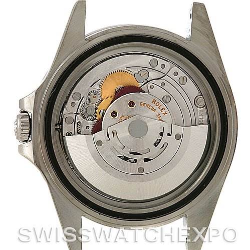 The image shows the back view of a Rolex Explorer 16570 Men's Stainless Steel Black Dial 16570 Men's Stainless Steel Black Dial watch, revealing its internal mechanical movement.