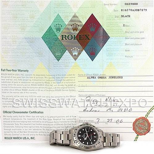 The image shows a front view of a Rolex Explorer 16570 Men's Stainless Steel Black Dial 16570 Men's Stainless Steel Black Dial watch placed on a certification paper.
