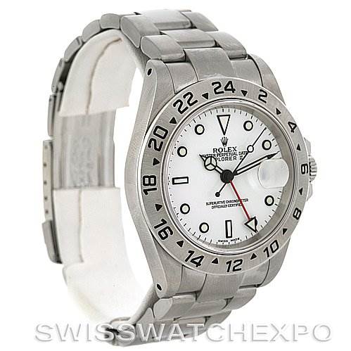 The Rolex Explorer 16570 Men's Stainless Steel White Dial 16570 Men's Stainless Steel White Dial watch is shown at an angled side view, displaying the bezel, dial, bracelet, and crown.