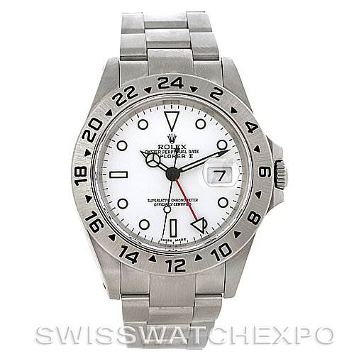 The image shows a front view of a Rolex Explorer 16570 Men's Stainless Steel White Dial 16570 Men's Stainless Steel White Dial watch, displaying its dial, bezel, and bracelet.