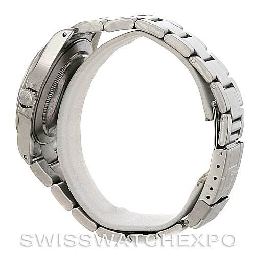 This image shows a Rolex Explorer 16570 Men's Stainless Steel White Dial 16570 Men's Stainless Steel White Dial watch from a side profile angle, focusing on the clasp and bracelet.