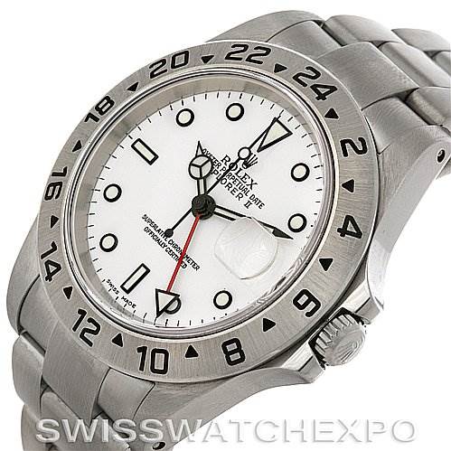 The Rolex Explorer 16570 Men's Stainless Steel White Dial 16570 Men's Stainless Steel White Dial watch is shown at a slight angle, displaying the face, bezel, crown, and part of the bracelet.